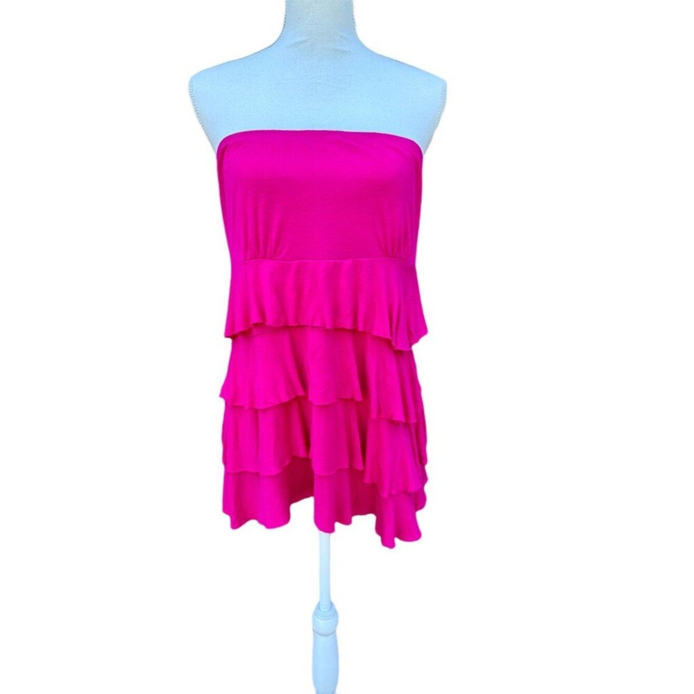 VTG Express Strapless Tunic Top Large Pink Tiered Ruffles Y2K Flirty Coquette